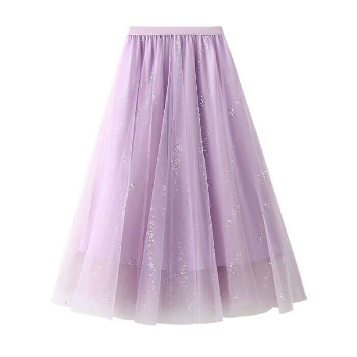 Elegant layered lavender tulle maxi skirt, perfect for summer, stylish and comfortable fashion choice.