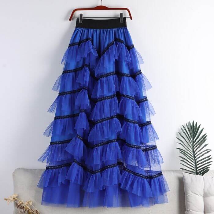Layered blue tulle midi skirt with black lace accents, perfect for summer fashion and stylish women's wear.