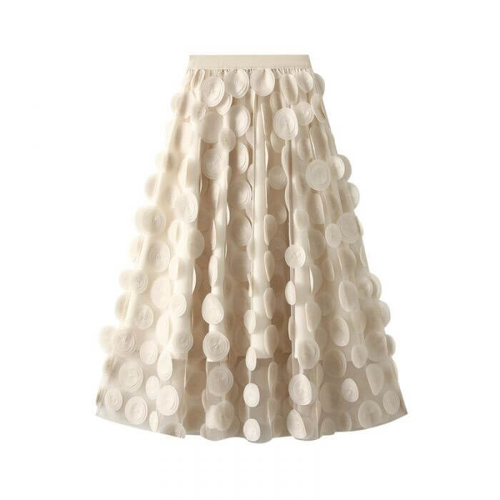 Large circle embellished midi skirt in soft beige with layered tulle for a chic and comfortable style.