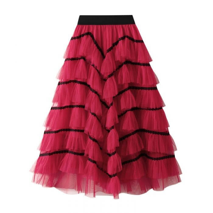 Elegant pink layered tulle maxi skirt with black accents, perfect for summer, stylish and chic women's fashion.