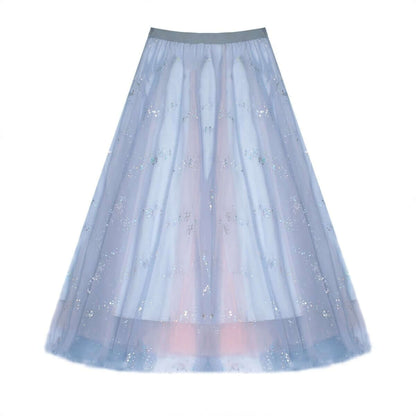 Elegant layered pink tulle maxi skirt with sparkles, perfect for stylish summer outfits.