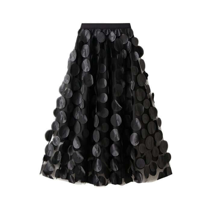 Large circle embellished black midi skirt with layers of tulle, perfect for stylish and chic women's fashion.