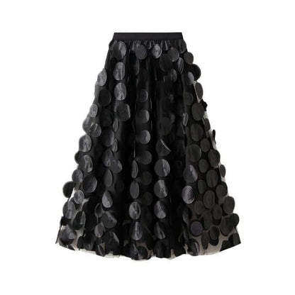 Large circle embellished black midi skirt with layers of tulle, perfect for stylish and chic women's fashion.