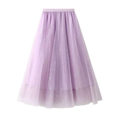 Elegant layered lavender tulle midi skirt with sparkling accents, perfect for summer stylish outfits.