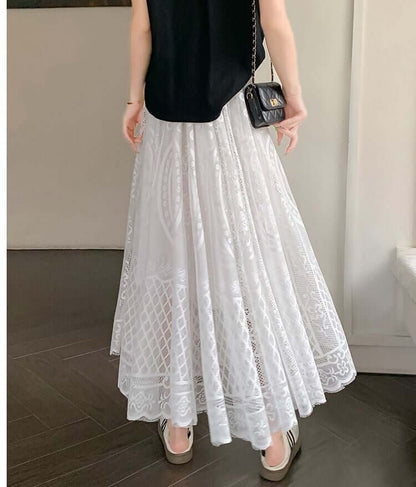 Stylish white lace maxi skirt with elegant layered design, perfect for chic and comfortable women's fashion.