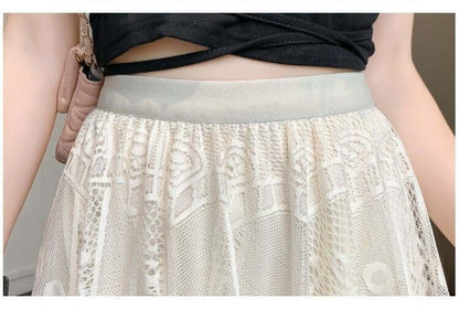 Close-up of a white lace maxi skirt waistband with layered fabric, stylish and chic for women's fashion.