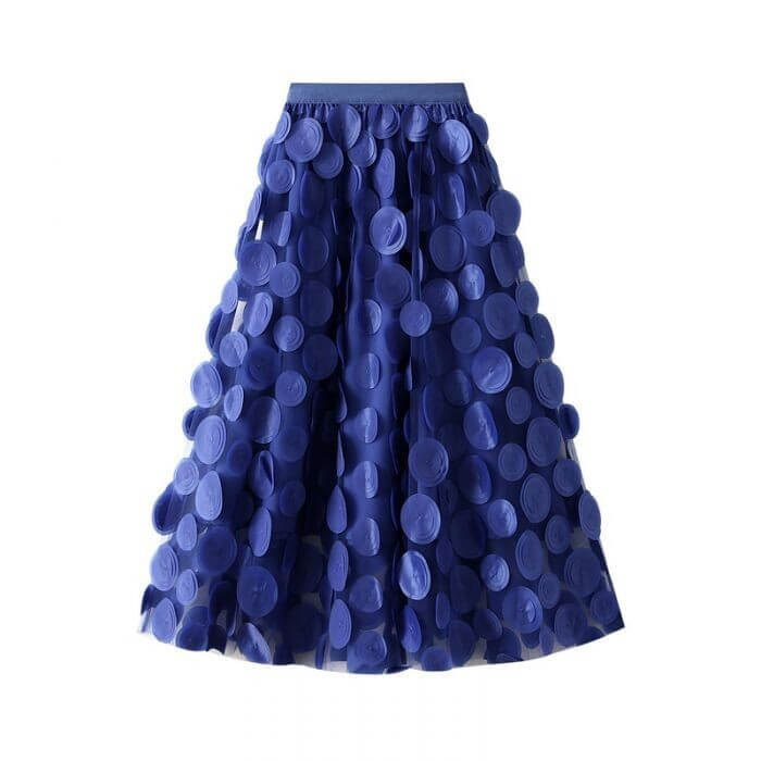 Large circle embellished midi skirt for women, stylish and comfortable, in vivid blue, perfect for chic occasions.