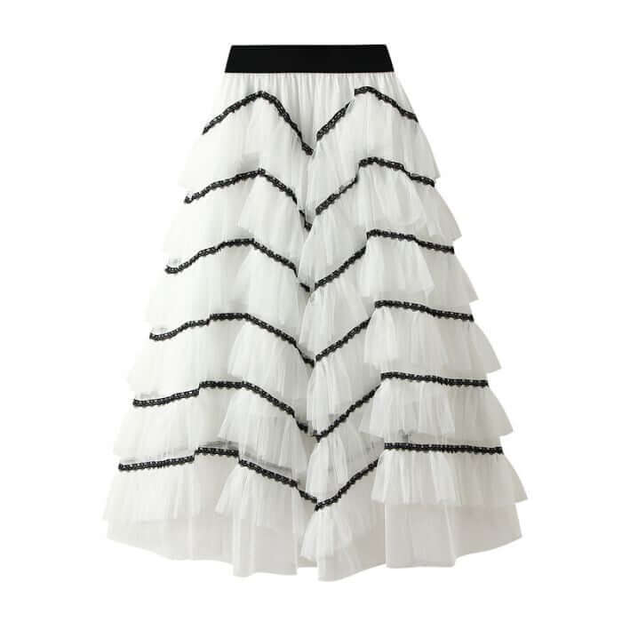 Elegant white layered tulle midi skirt with black accents, perfect for summer chic style and comfortable wear.