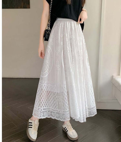 White lace maxi skirt for women, stylish and comfortable, perfect for casual and chic outfits.