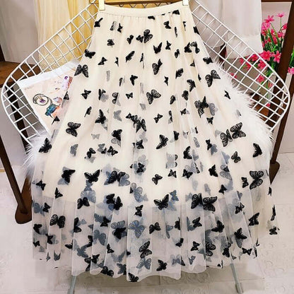 Vivid 3D butterflies mesh midi skirt in white with black butterfly designs, elegant and stylish for women.