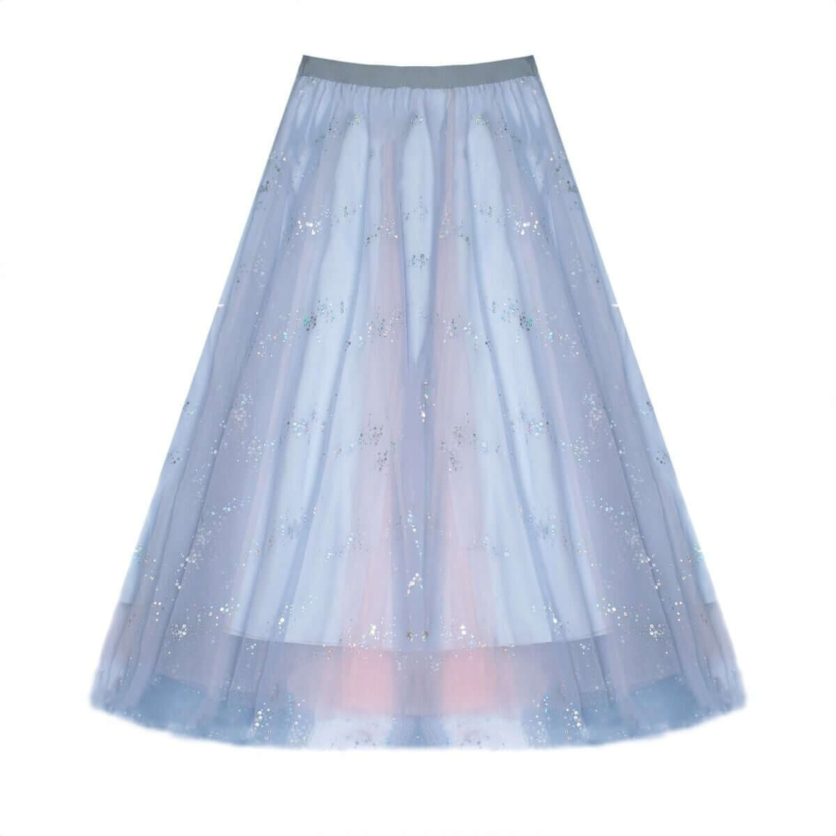 Elegant layered pink tulle midi skirt with soft layers and shimmering details, perfect for summer outfits.