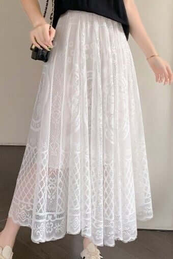 Stylish white lace maxi skirt for women, featuring elegant layered design and comfortable fit, perfect for chic outfits.