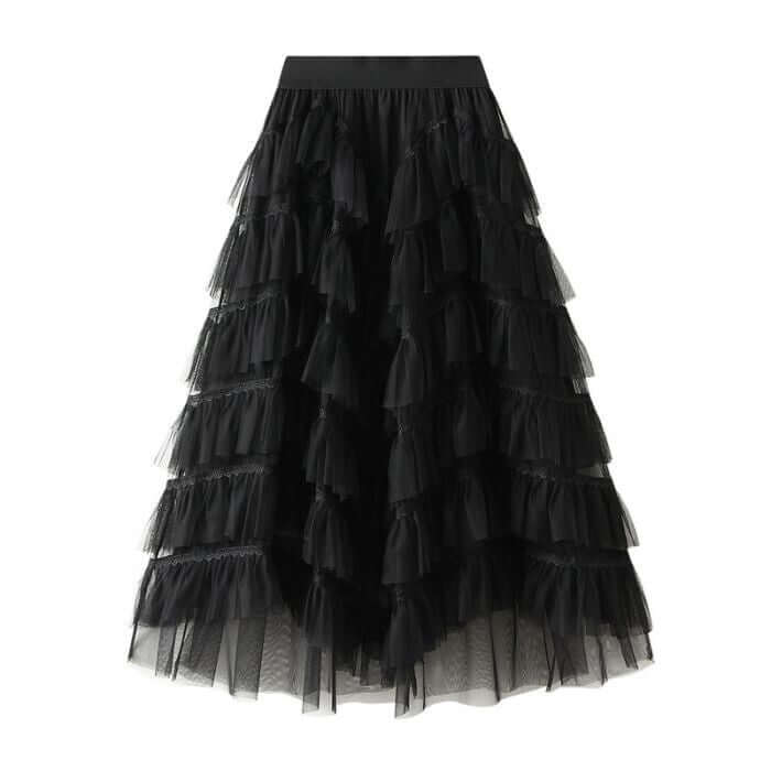 Elegant black layered tulle midi skirt, stylish and comfortable for summer collections, perfect for chic outfits.