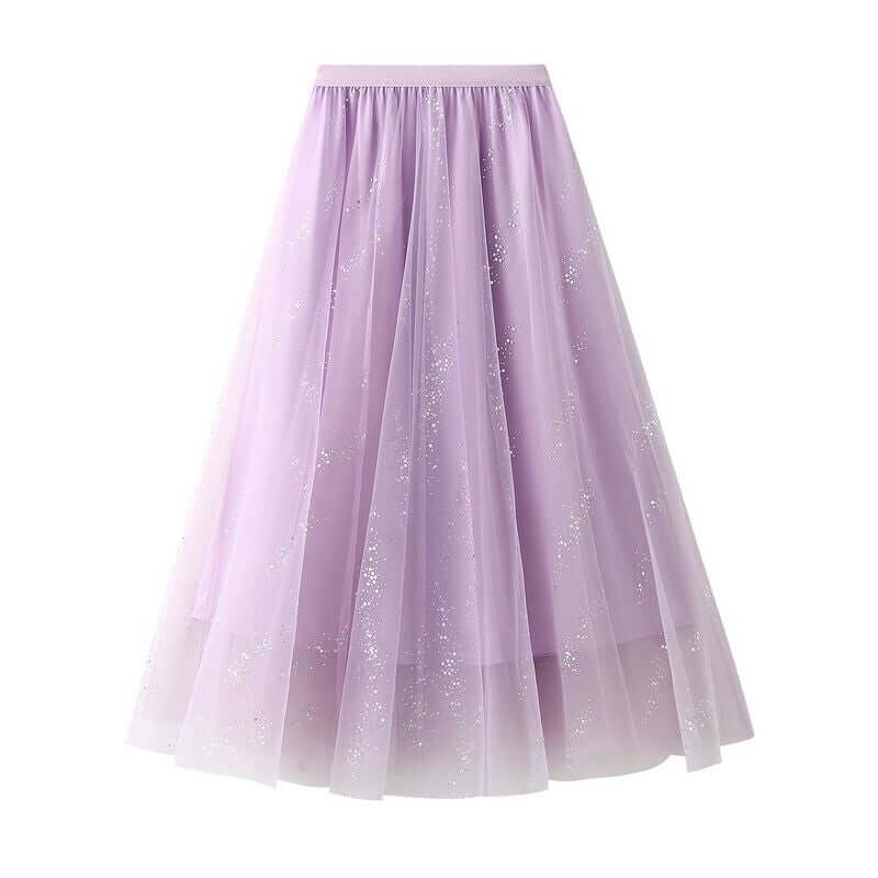 Elegant layered lavender tulle maxi skirt with shimmer, perfect for stylish summer outfits and comfortable wear.