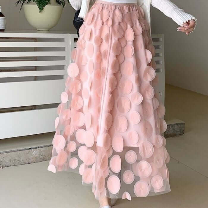 Large circle embellished midi skirt in soft pink tulle, perfect for stylish and chic women's fashion.