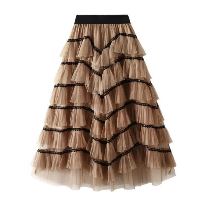 Elegant layered beige tulle midi skirt with black lace trim, perfect for stylish summer outfits.