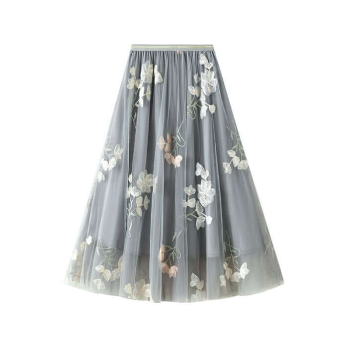 Elegant gray tulle skirt with floral embroidery, perfect for summer fashion and stylish occasions.