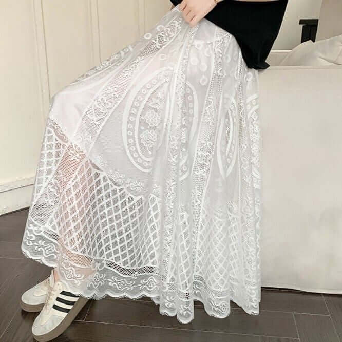 White lace maxi skirt showcasing elegant layered design, perfect for stylish and comfortable women's fashion.